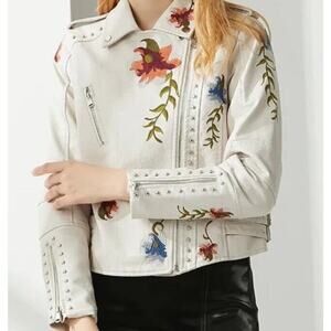 New Bellezza Republic Jacket Women's Size L Embroidered Floral faux Leather NWT